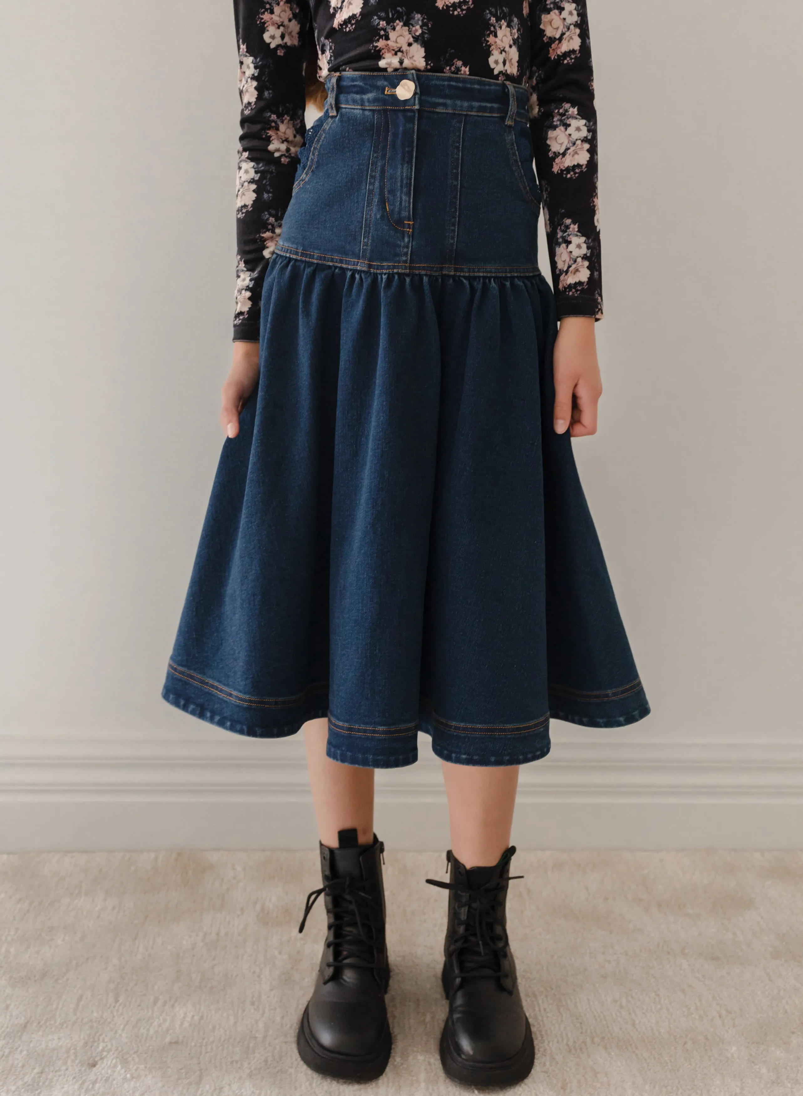 3096-Long Denim Skirt with Lace Pockets-Dark Blue