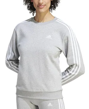 adidas Women's 3 Stripe Cotton Fleece Crewneck Sweatshirt, Gray