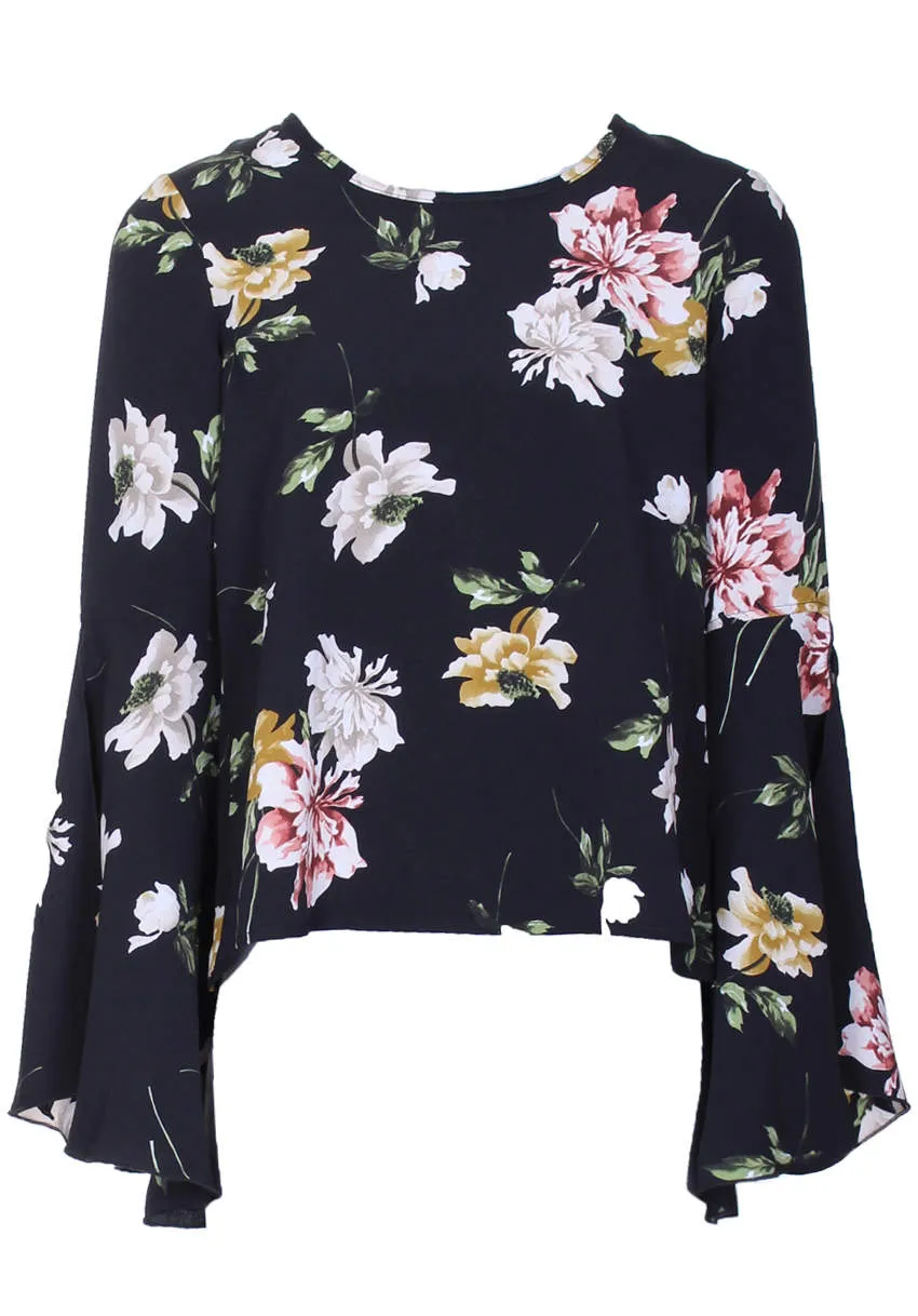 Black Floral Bell Sleeve Top