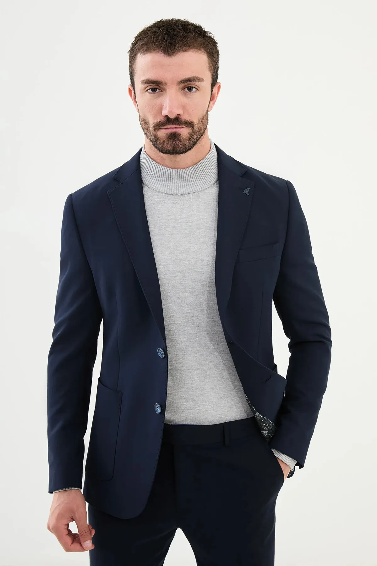 Bojoni Capena Straight Slim Fit Mono Collar Navy Blue Wool Blazer