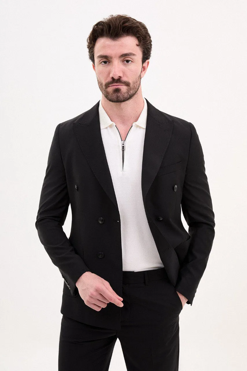 Bojoni Pezza Slim Fit Black Double Breasted Blazer