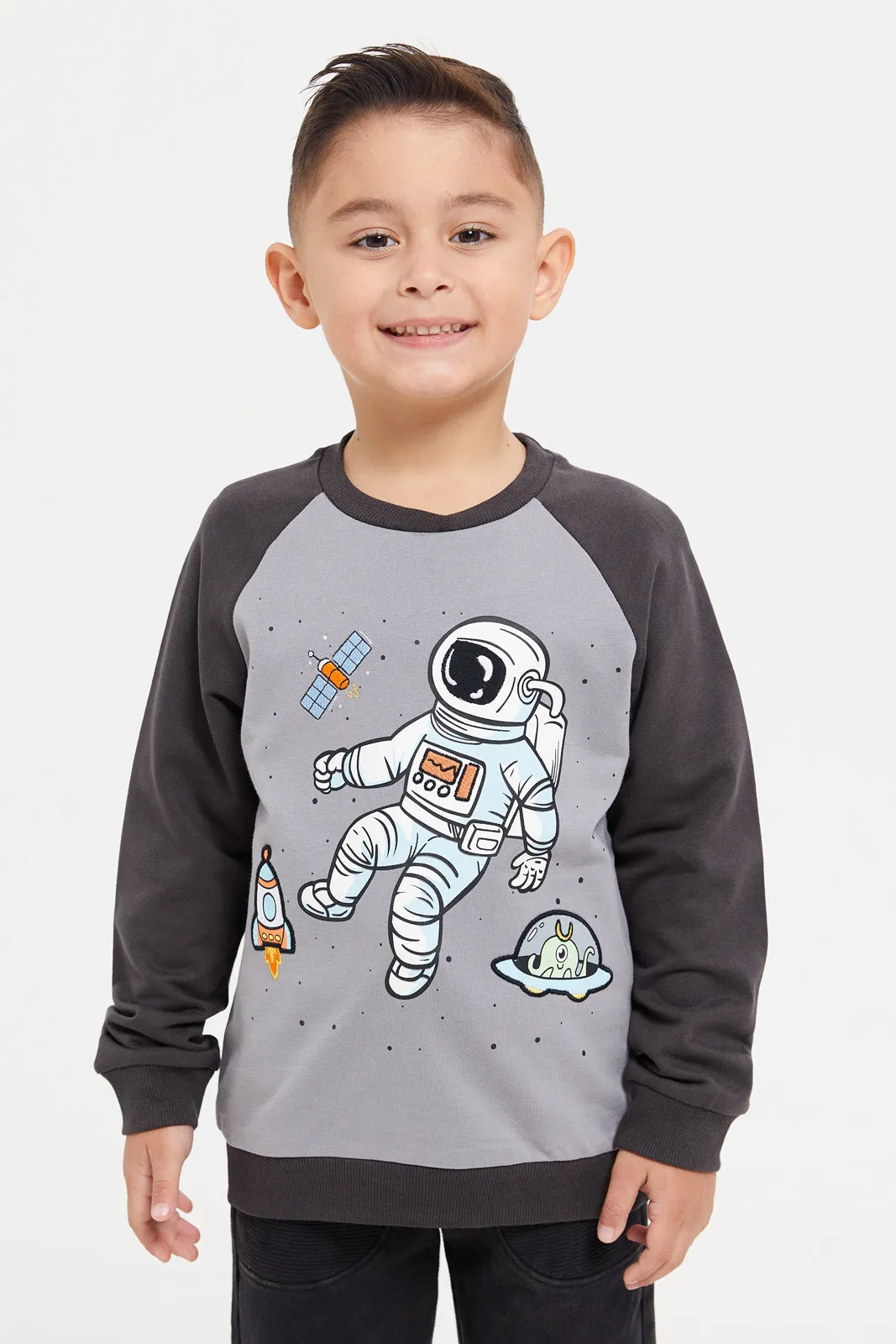 Boys Charcoal Printed Raglan Sweatshirt