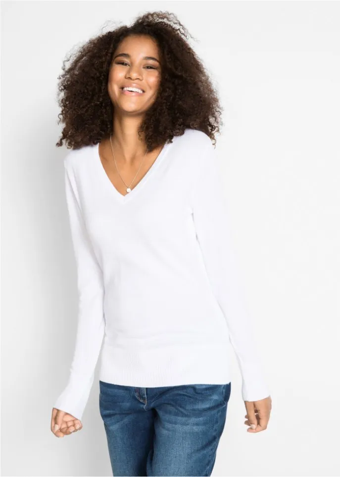 Bpc Bonprix Collection Fine Knit V-Neck Sweater, White