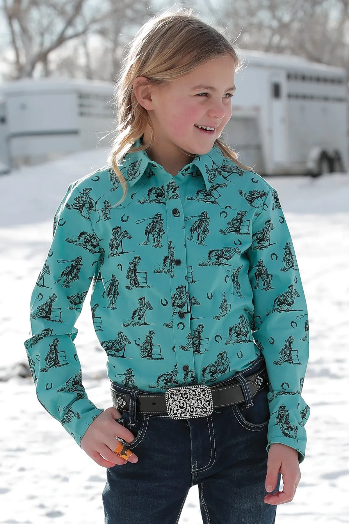 Cruel Girl Girls Print Western L/S Shirt - Turquoise - CTW3220038