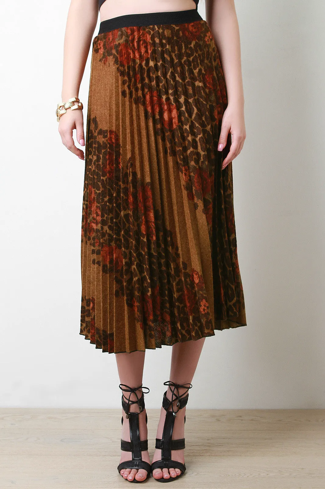 Diagonal Floral Leopard Accordion Skirt