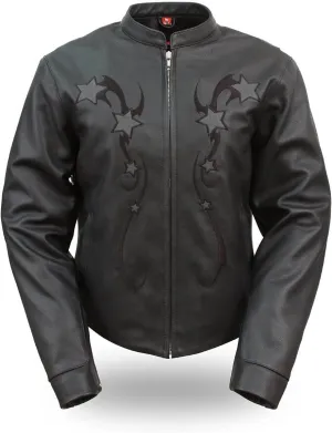 First Manufacturing FIL180CSZ Women's Black Sporty Scooter Leather Jacket with Reflective Stars