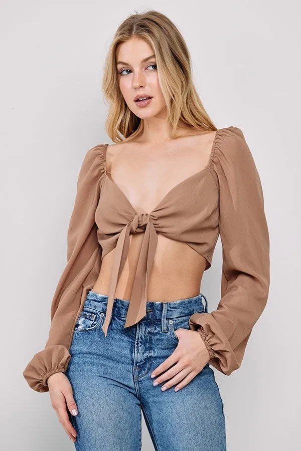 Front Tie Long Sleeve Crop Top