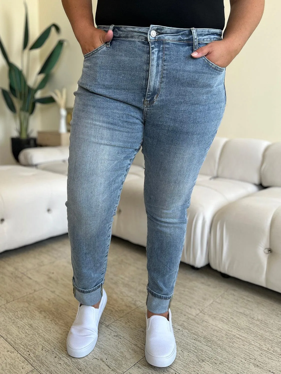 Full Size High Waist Cuff Hem Jeans