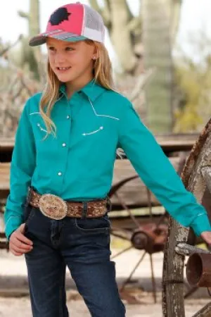 GIRL'S SOLID BUTTON-DOWN WESTERN - TEAL