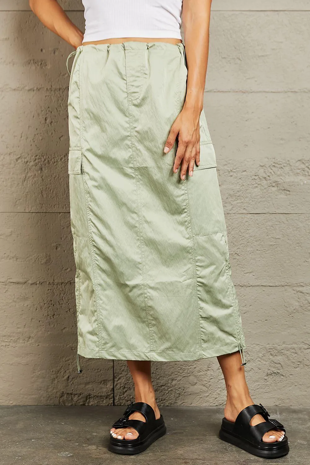 High Waisted Cargo Midi Skirt