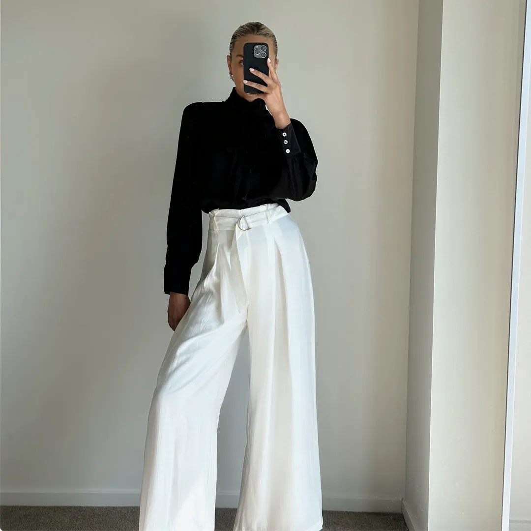 LEOLA White Wide Leg High Waist Pleated Pants