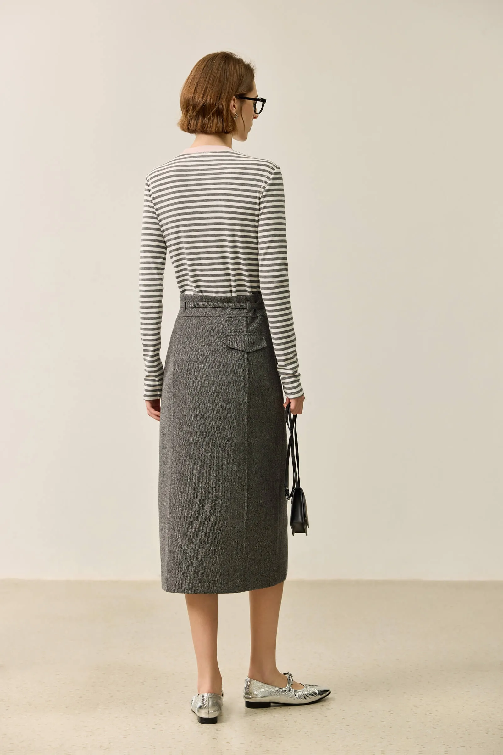 LILY Grey-Tone Wool High-Waisted Pencil Skirt