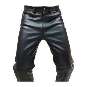 Mens Biker Style Jeans Black Leather Sleek 501 Style Pants Trouser - 501BLK