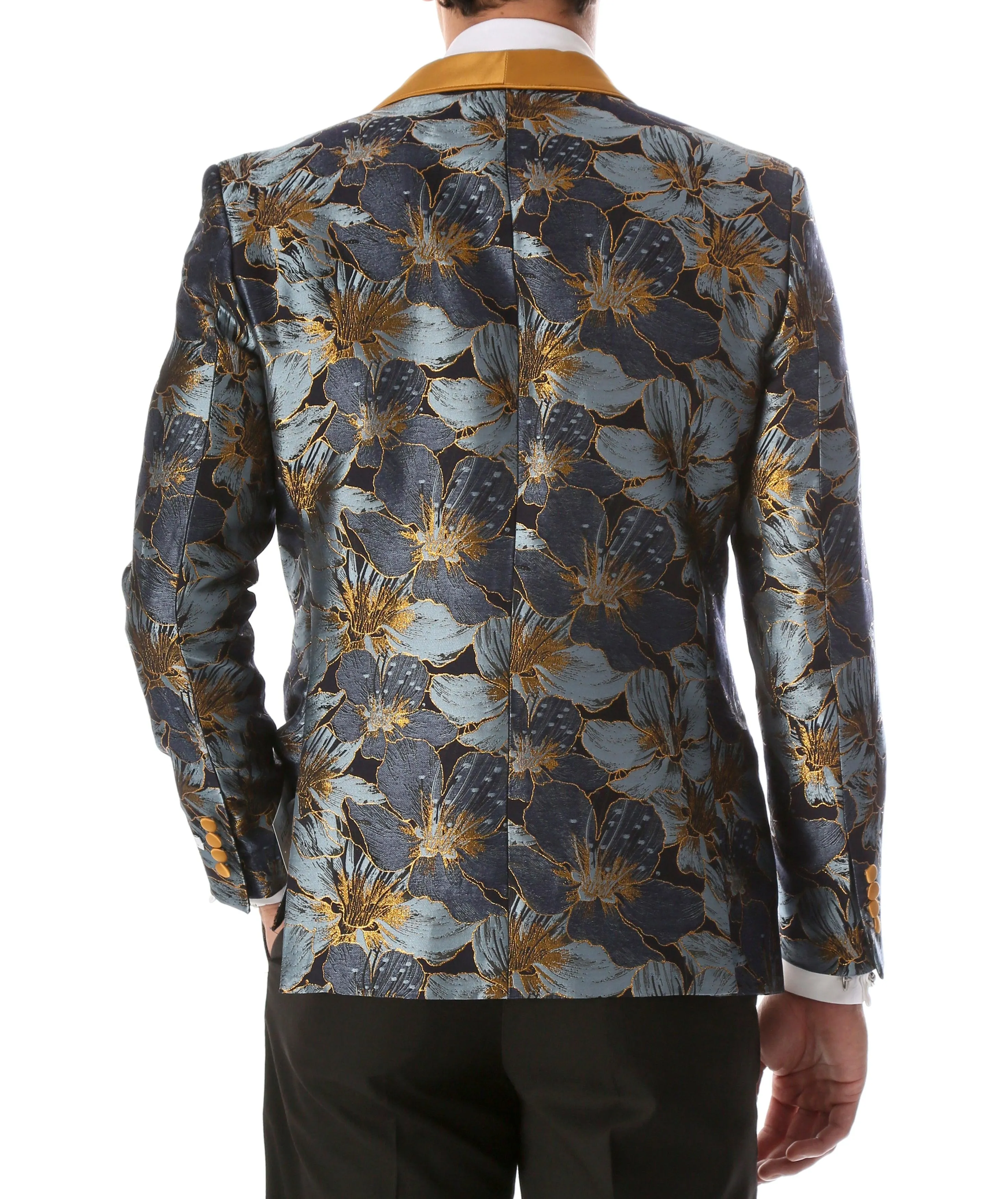 Men's Blue Hugo Floral Modern Fit Shawl Collar Tuxedo Blazer