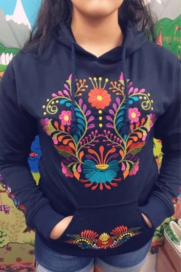 Mexican Floral Embroidered Hoodie Black