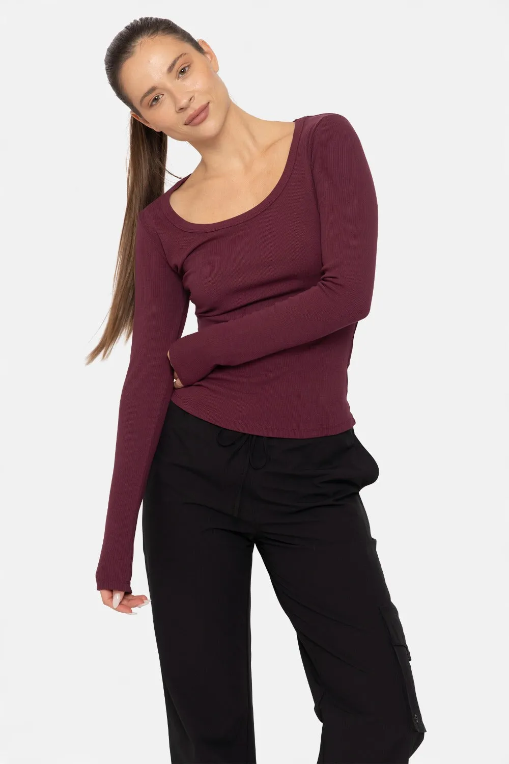 Mono B Ribbed Knit Scoop Neck Long Sleeve Top