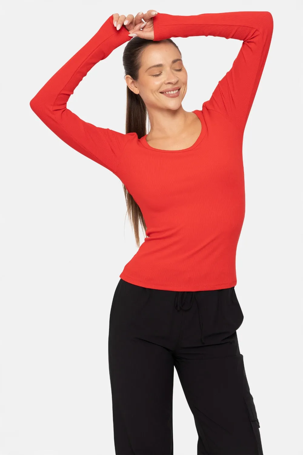 Mono B Ribbed Knit Scoop Neck Long Sleeve Top