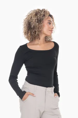 Mono B Ribbed Knit Scoop Neck Long Sleeve Top