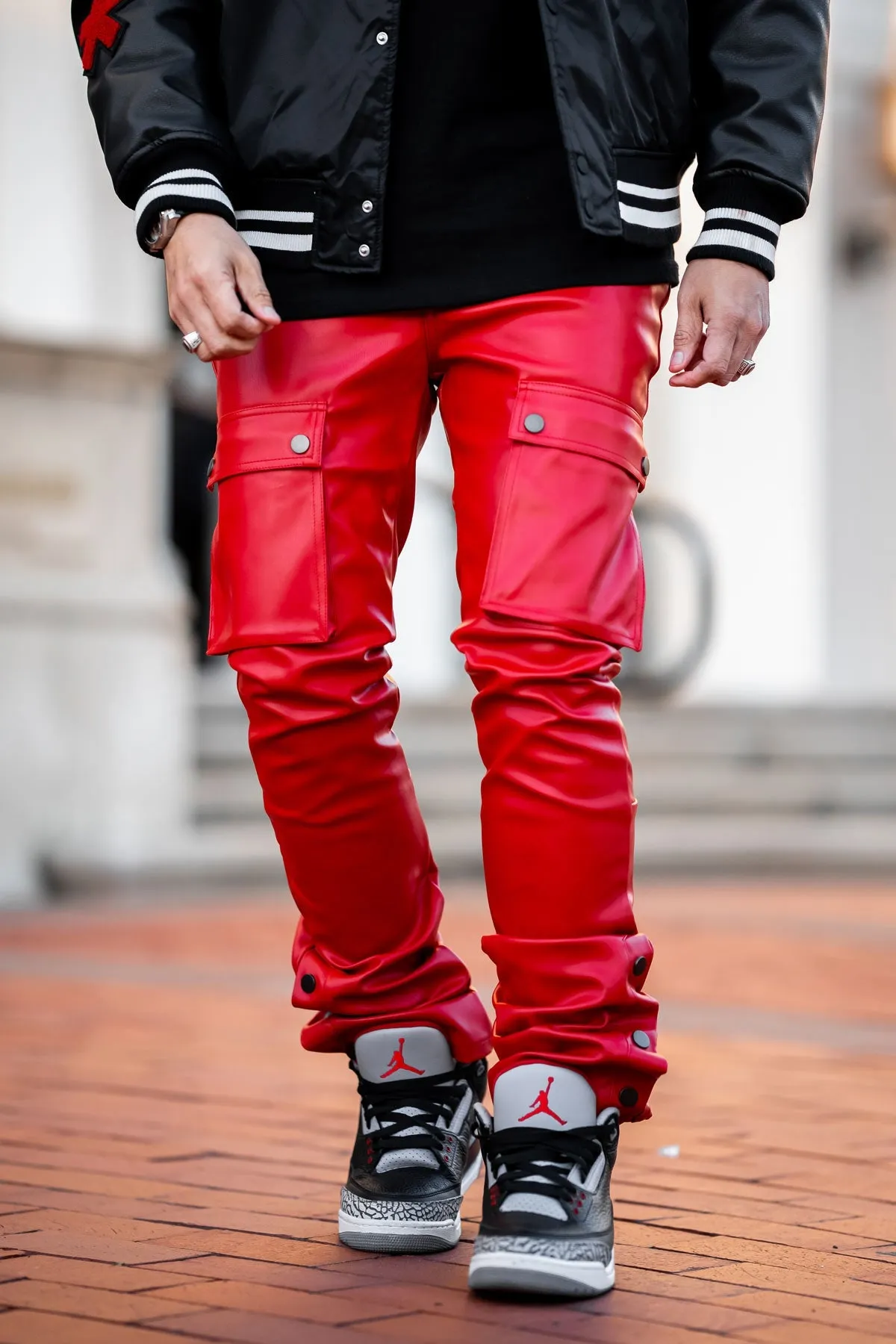 Red Stacked Mens Flare Pants in Faux Leather