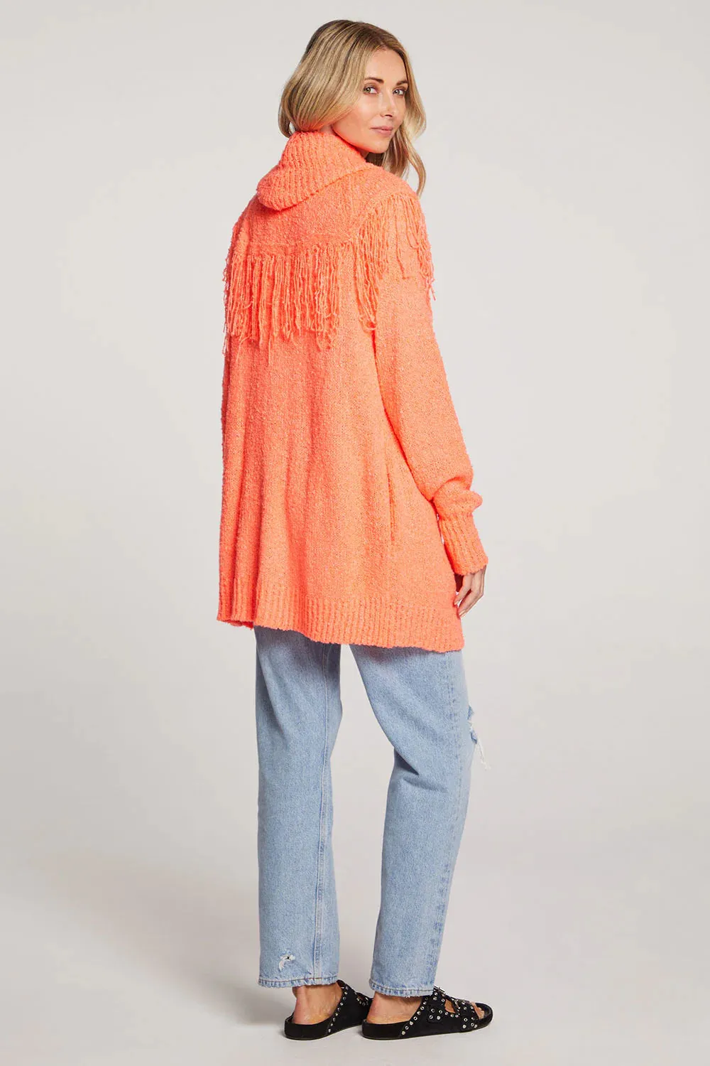 SAL Aura Bright Orange Fringe Cardigan Sweater