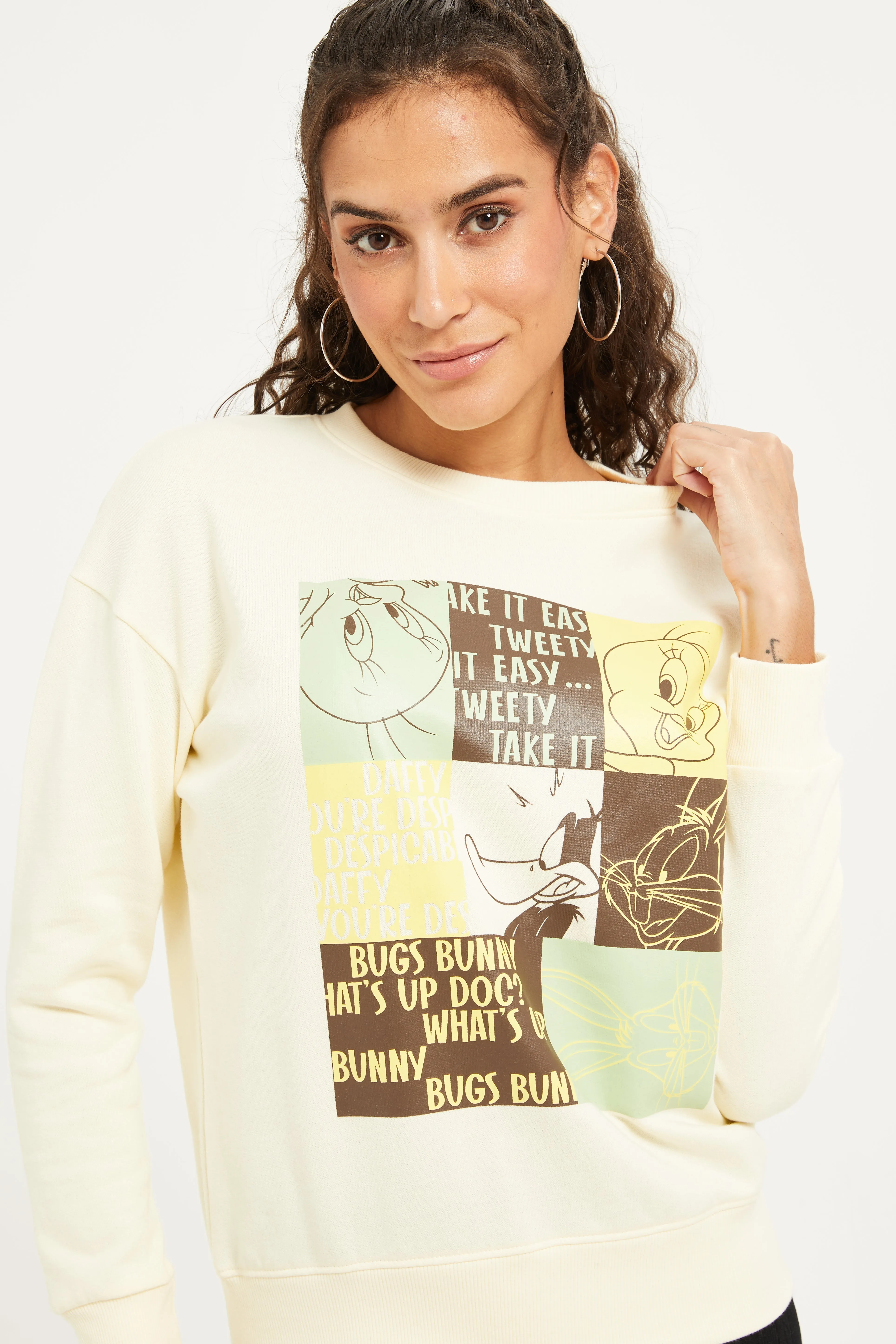 Women Beige Looney Tunes Printed Sweatshirt