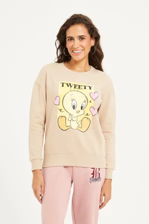 Women Beige Tweety Printed Sweatshirt