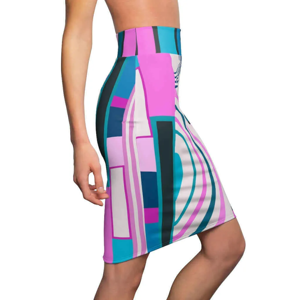 Womens Skirt, Pink and Blue High Waist Pencil Skirt, S19817